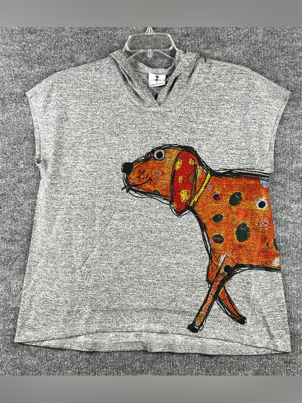 Inoah Heather Grey Whimsical Dog Graphic Hooded Top Size Small S Art to Wear Poc